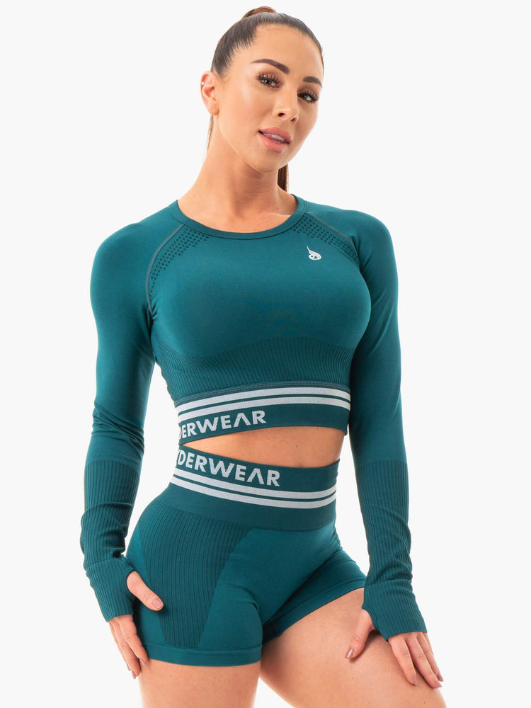 Hauts Ryderwear Freestyle Seamless Long Sleeve Crop Turquoise Femme | QGV-73397164