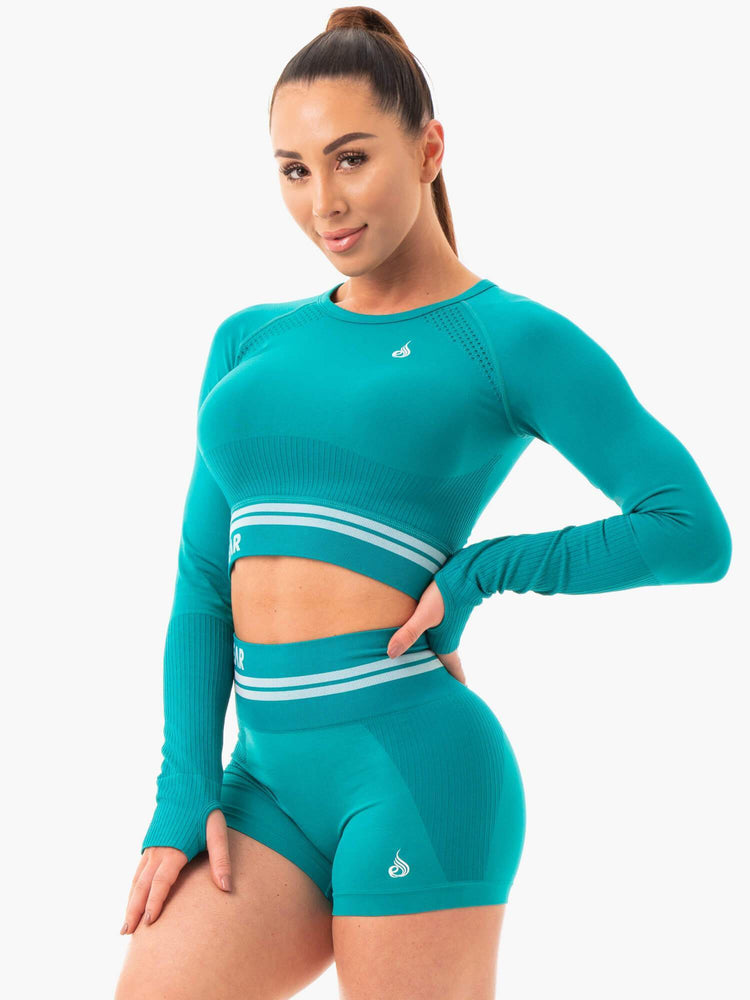 Hauts Ryderwear Freestyle Seamless Long Sleeve Crop Turquoise Femme | JWT-09193916