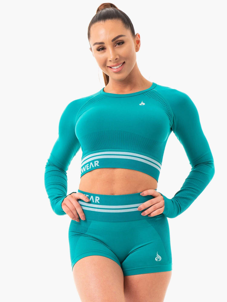 Hauts Ryderwear Freestyle Seamless Long Sleeve Crop Turquoise Femme | JWT-09193916