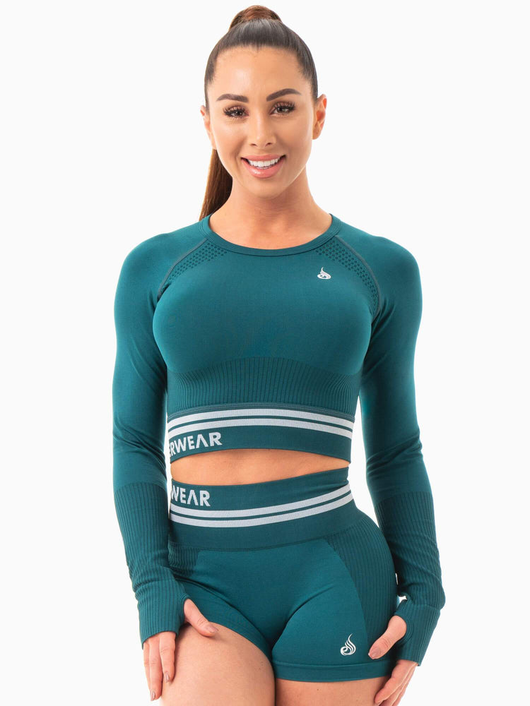 Hauts Ryderwear Freestyle Seamless Long Sleeve Crop Turquoise Femme | QGV-73397164