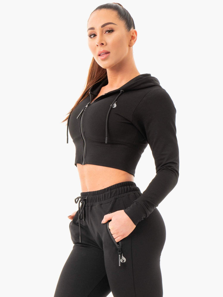 Sweat à Capuche Ryderwear Luxe Cropped Zip Noir Femme | JWH-03457354