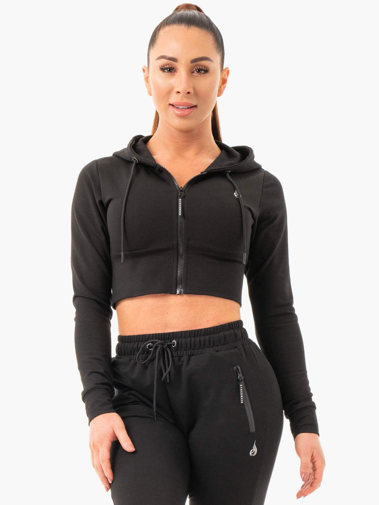 Sweat à Capuche Ryderwear Luxe Cropped Zip Noir Femme | JWH-03457354