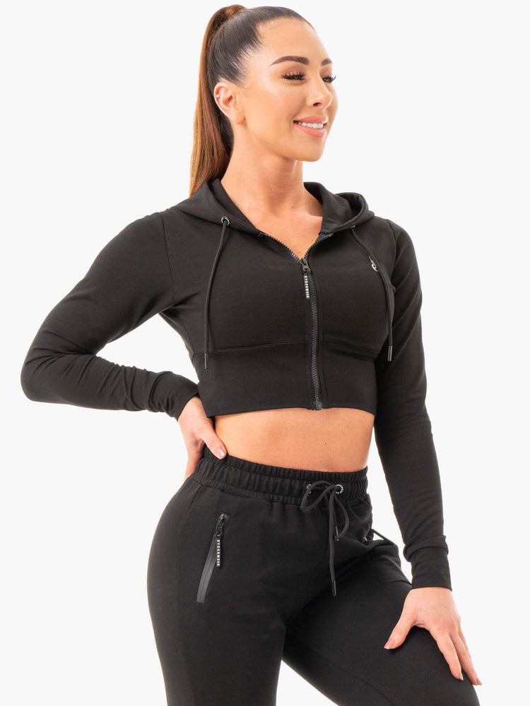 Sweat à Capuche Ryderwear Luxe Cropped Zip Noir Femme | JWH-03457354